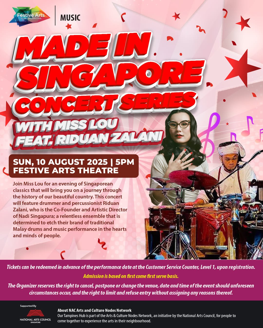 Miss Lou performing on stage, surrounded by musical instruments and lights.