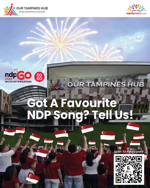 Our Tampines Hub exterior adorned with National Day decorations