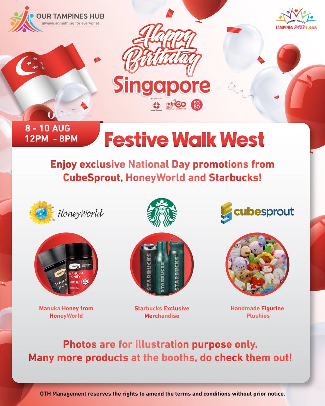 A vibrant graphic announcing National Day deals with logos of Cube Sprout, HoneyWorld, and Starbucks.