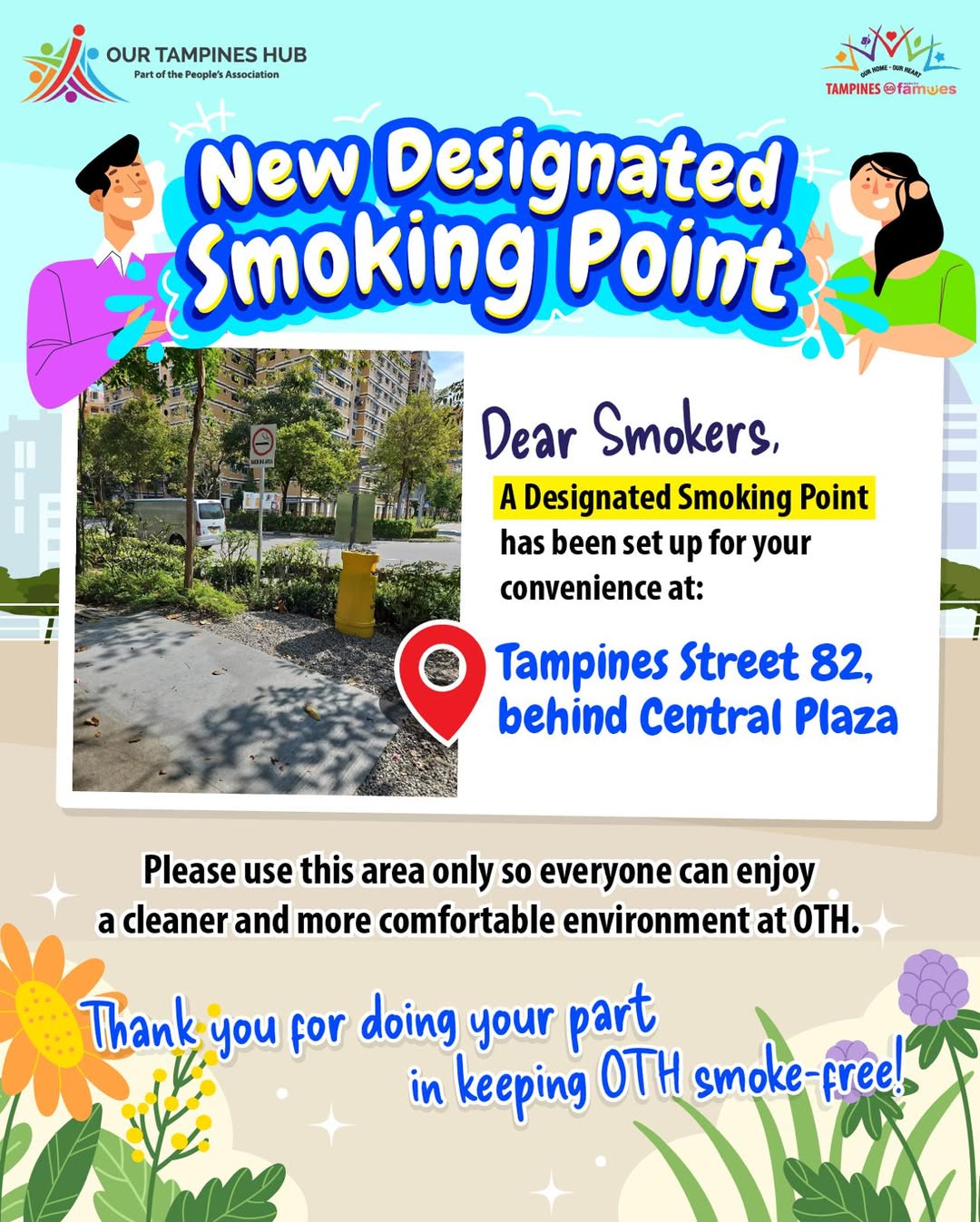 A sign indicating a designated smoking area, likely outside Our Tampines Hub.