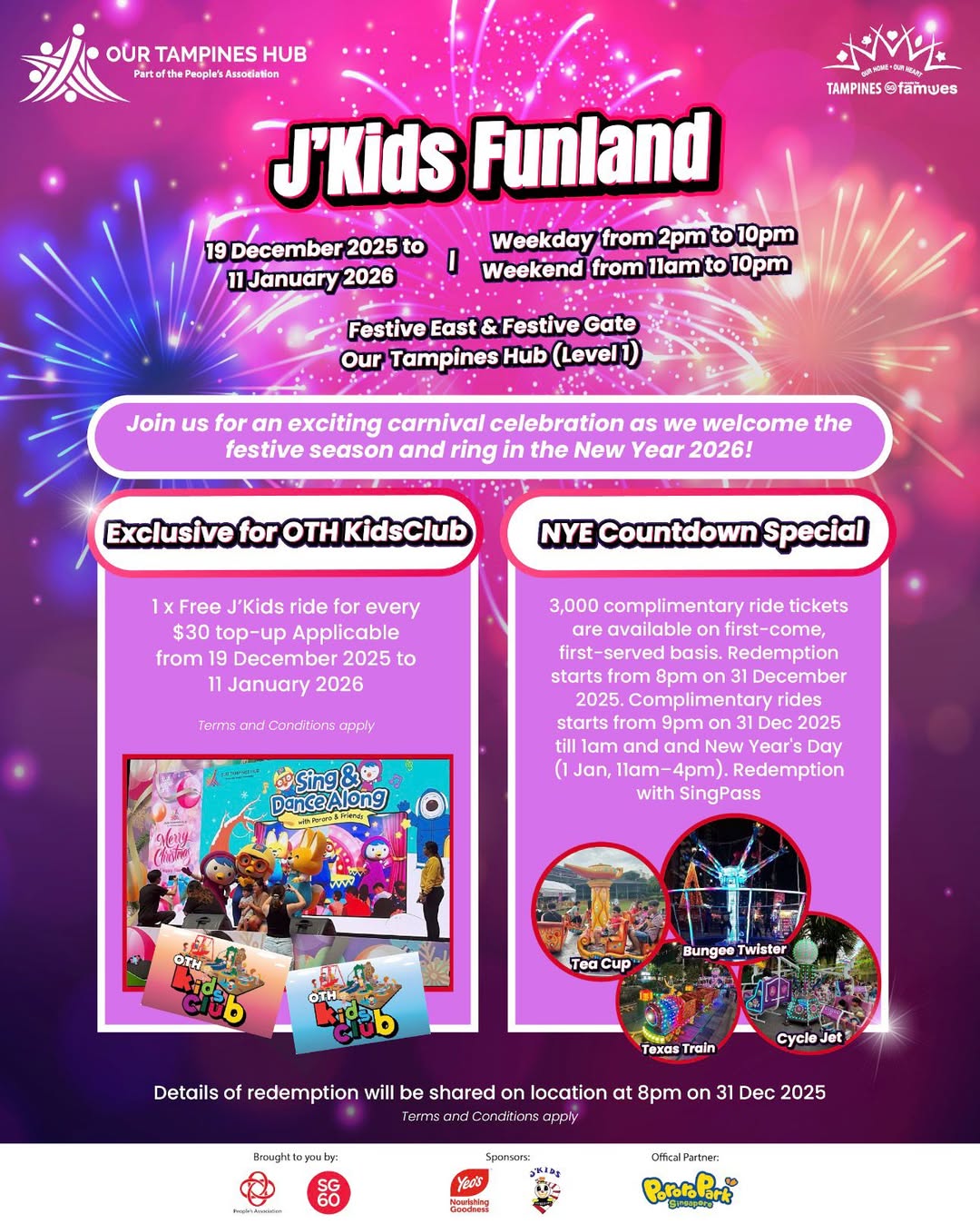 A vibrant carnival scene with rides and joyful attendees at J'Kids Funland.
