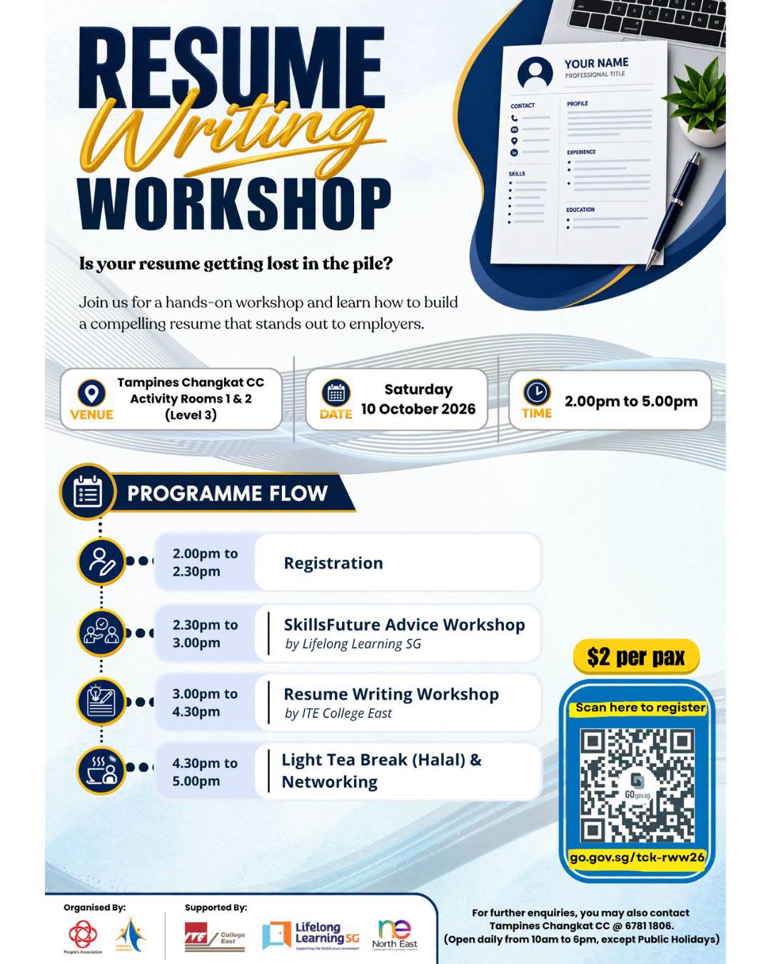 Resume Writing Workshop at Tampines Changkat CC on 10 October 2026 for $2