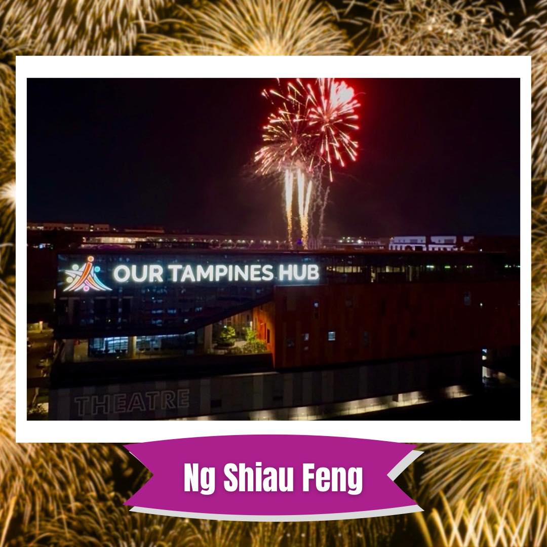 Spectacular fireworks illuminating the night sky over Our Tampines Hub.