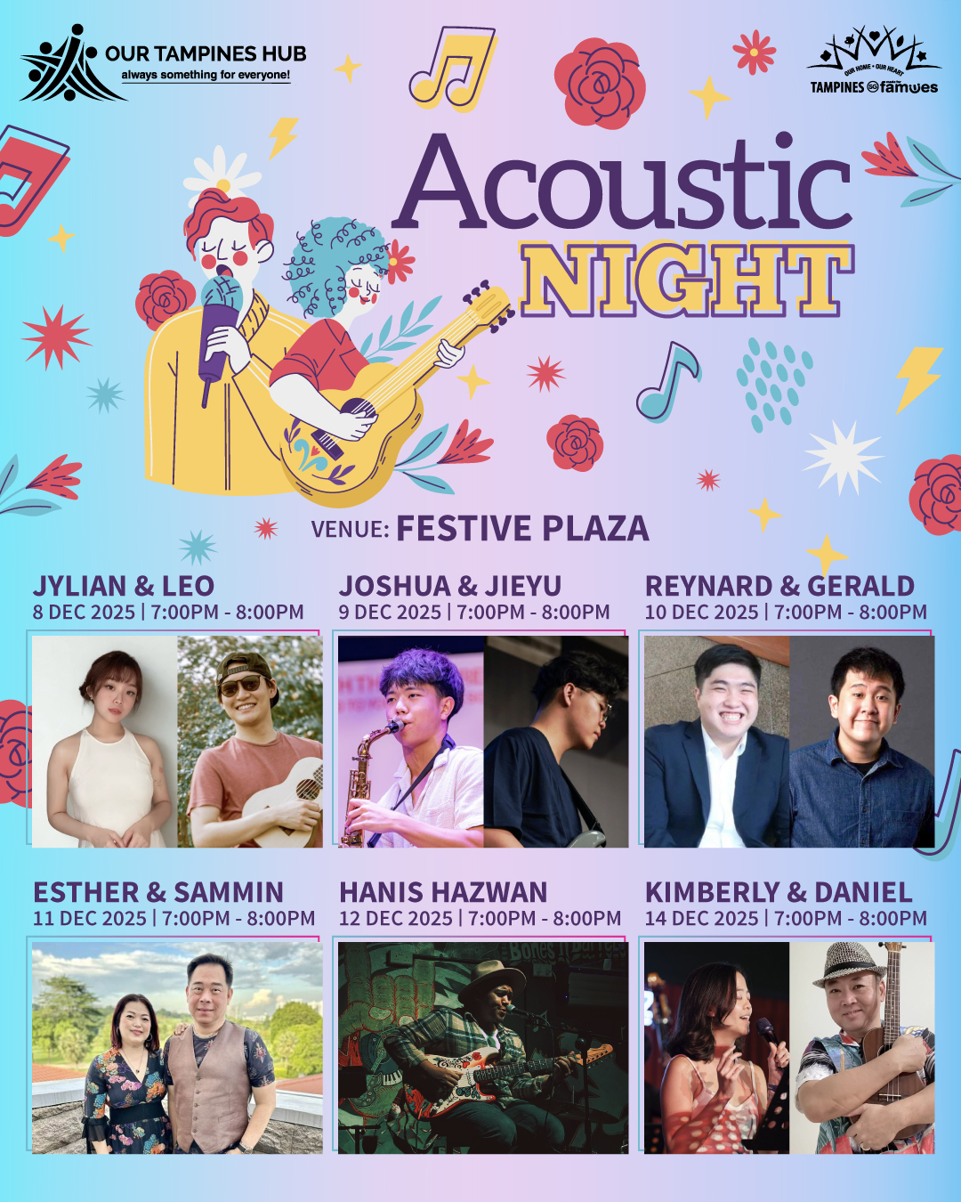 A local artist performing live acoustic music on stage at Festive Plaza, Our Tampines Hub, under evening lights.