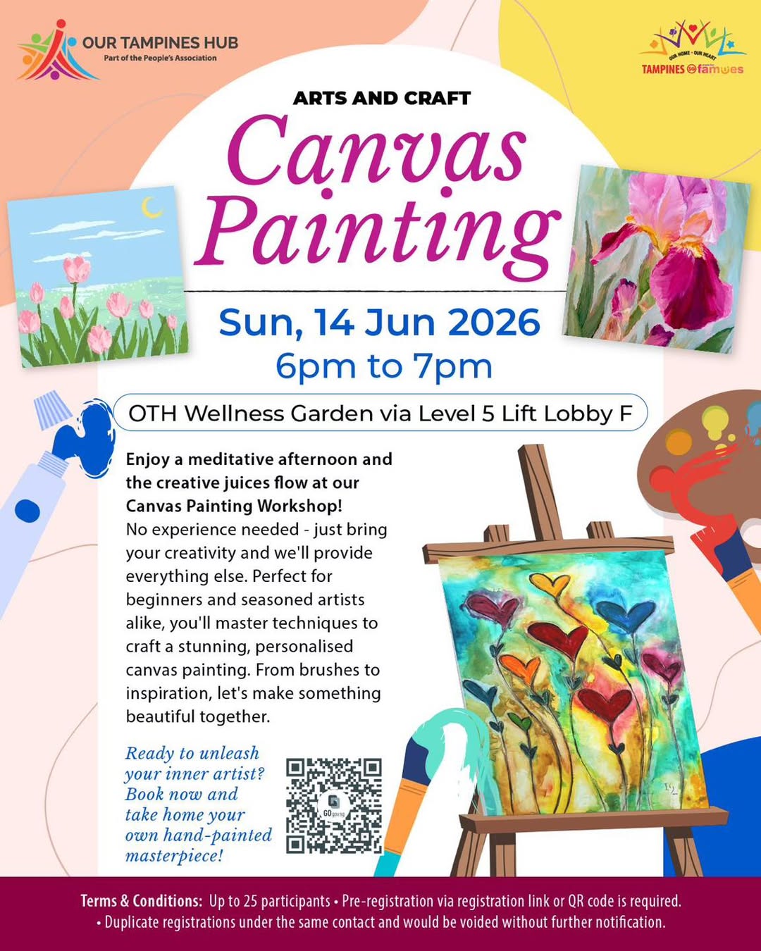 Canvas Painting Workshop poster at OTH Wellness Garden on 14 June 2026 with registration QR code