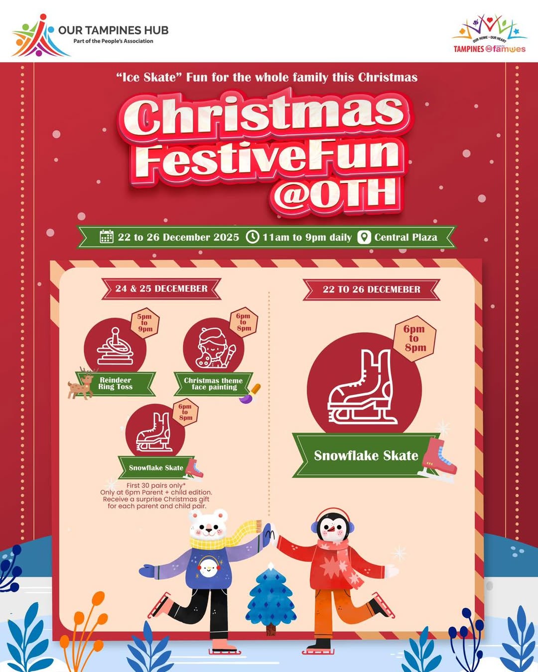 A vibrant ice skating rink adorned with festive decorations at Our Tampines Hub's Central Plaza.