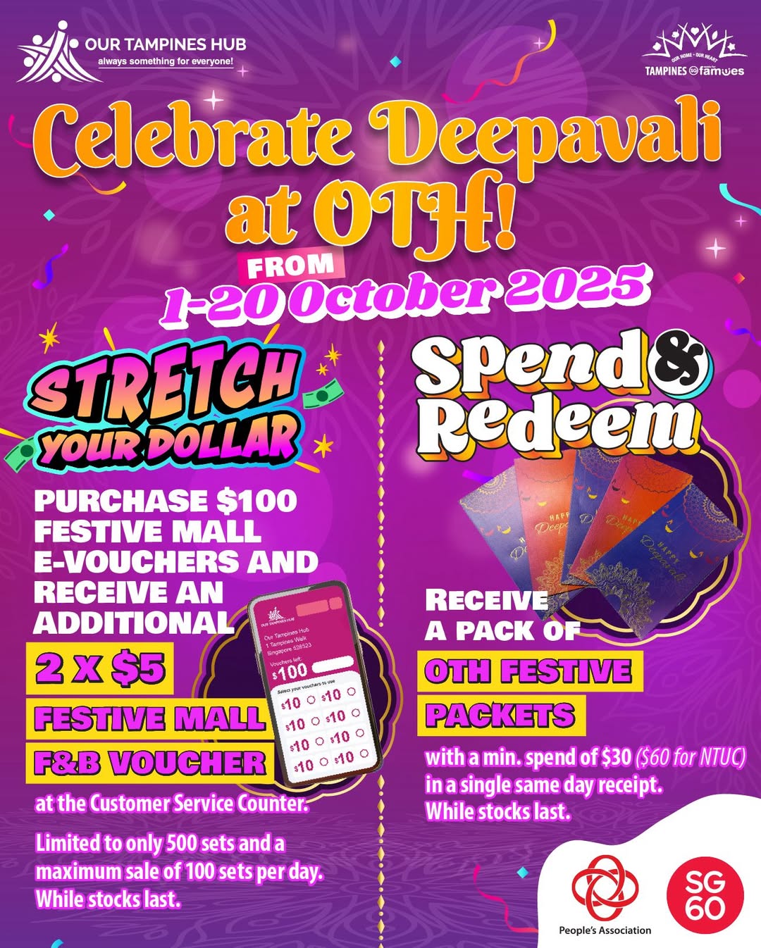 Vibrant Deepavali decorations and festive lights at Our Tampines Hub.