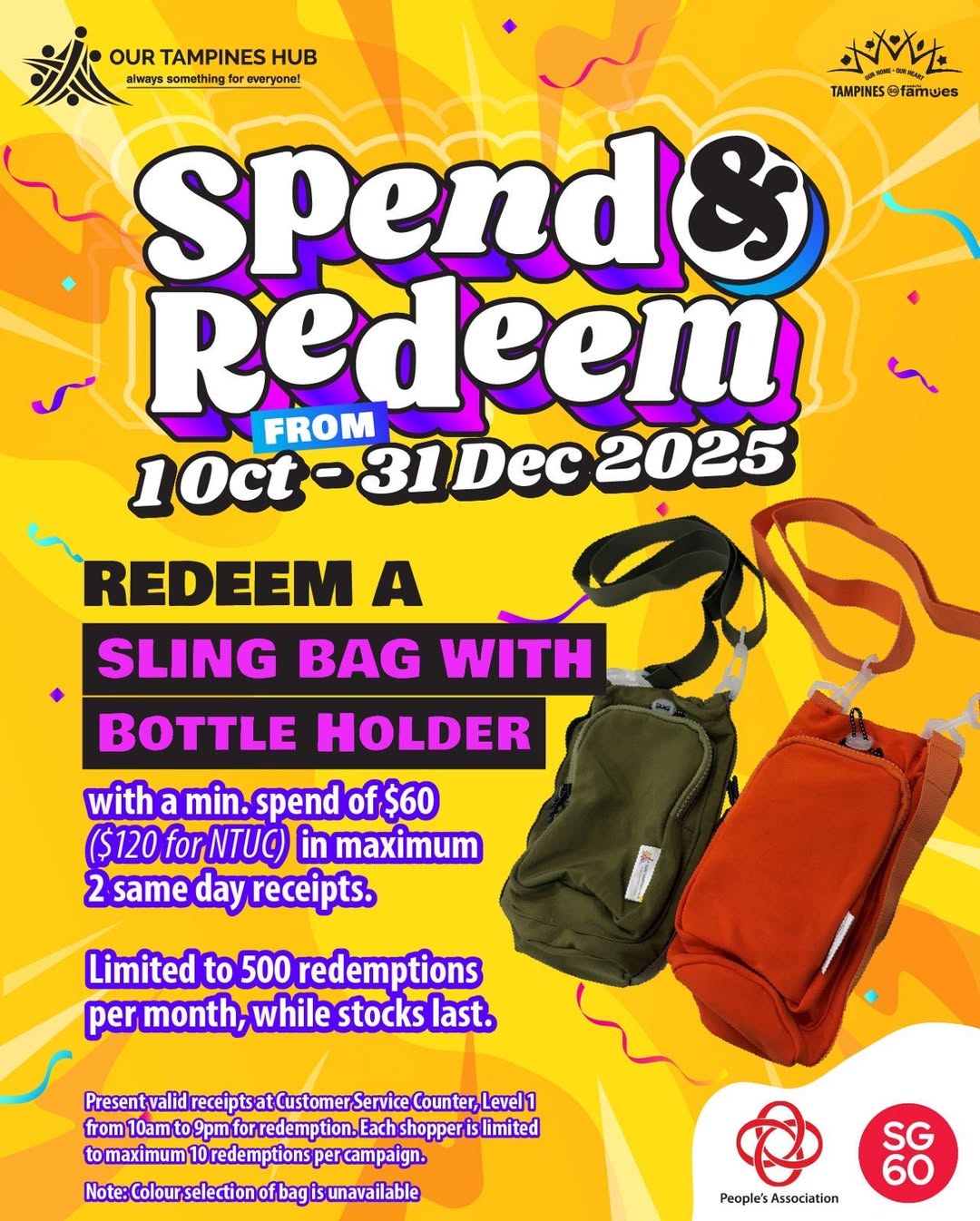Exclusive sling bag with bottle holder promotion at Our Tampines Hub