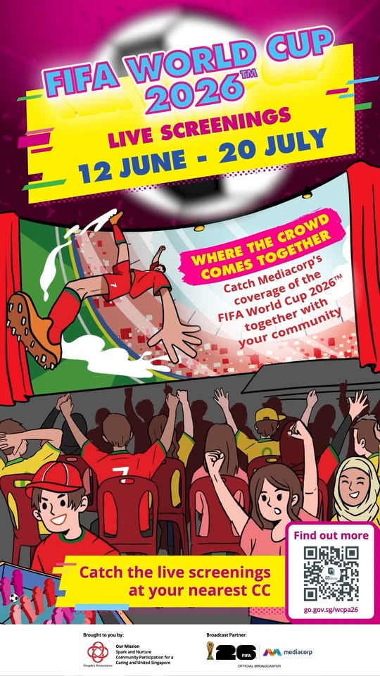 FIFA World Cup 2026 screening schedule at community clubs with People Association and Mediacorp broadcast partner logos