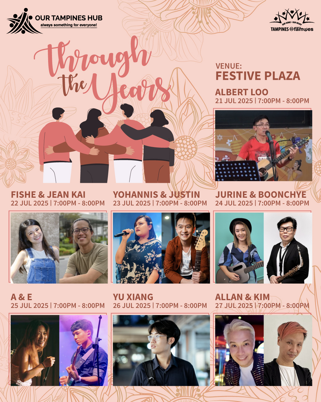 A vibrant outdoor plaza at dusk, with a stage set up for live music and a crowd gathered to watch.