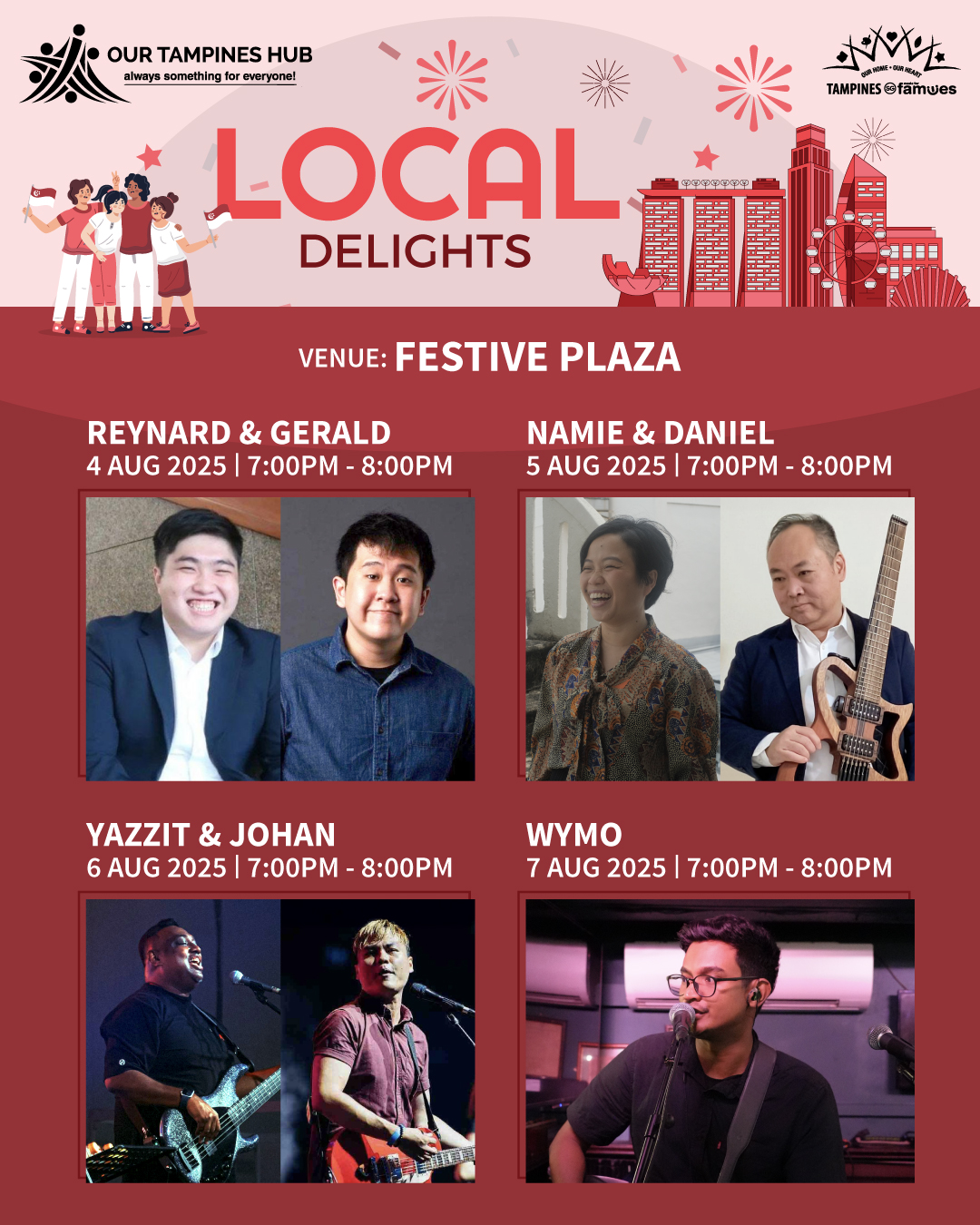 Event poster detailing performance times for the National Day Live Music Concert at Festive Plaza
