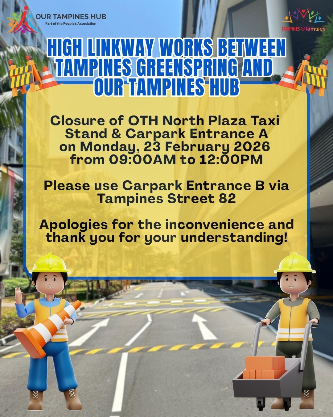 Construction advisory for Our Tampines Hub and Tampines GreenSpring linkway works