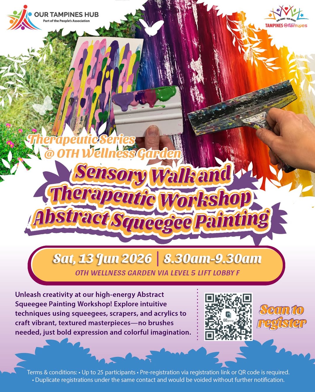 Abstract Squeegee Painting Workshop poster at OTH Wellness Garden on 13 June 2026 with registration QR code