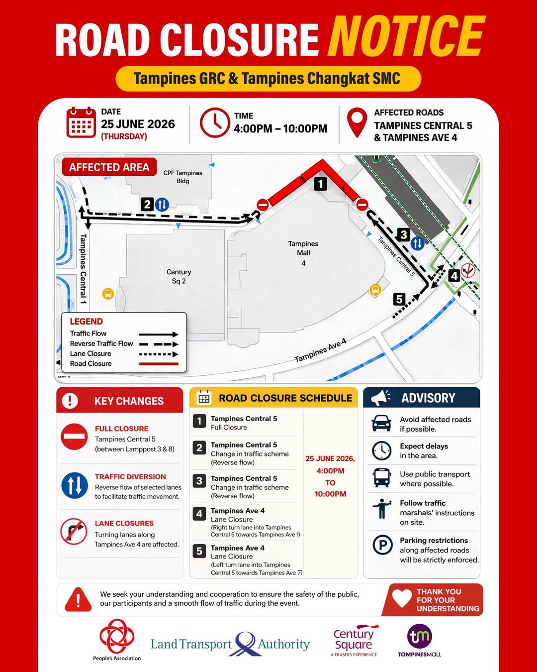 Temporary Road Closures Around Tampines Central 5 on 25 June 2026