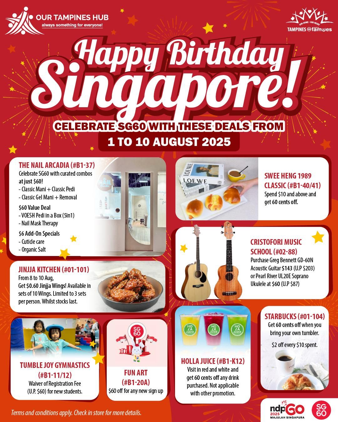 Our Tampines Hub celebrates Singapore's 60th with special tenant deals.