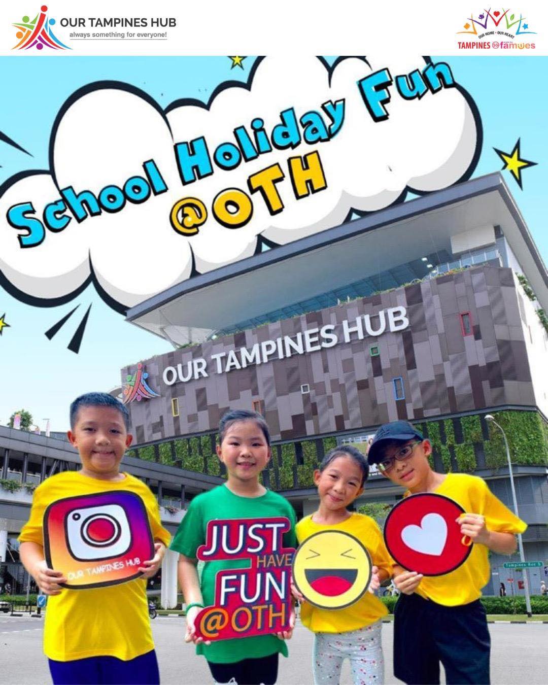 A vibrant scene at Our Tampines Hub, inviting visitors to enjoy their school holidays.
