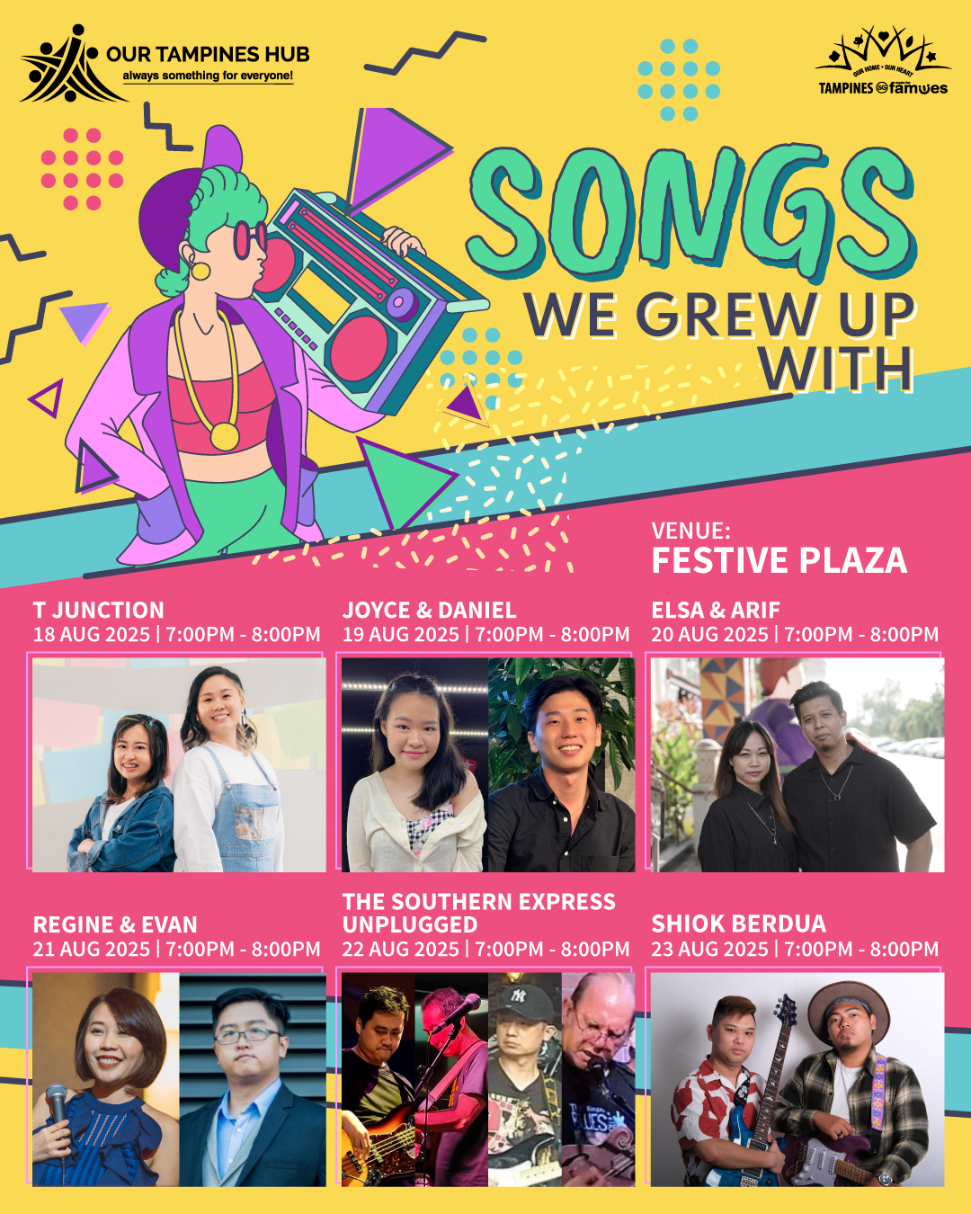 A vibrant stage at Festive Plaza featuring a live music performance with a cheering audience.