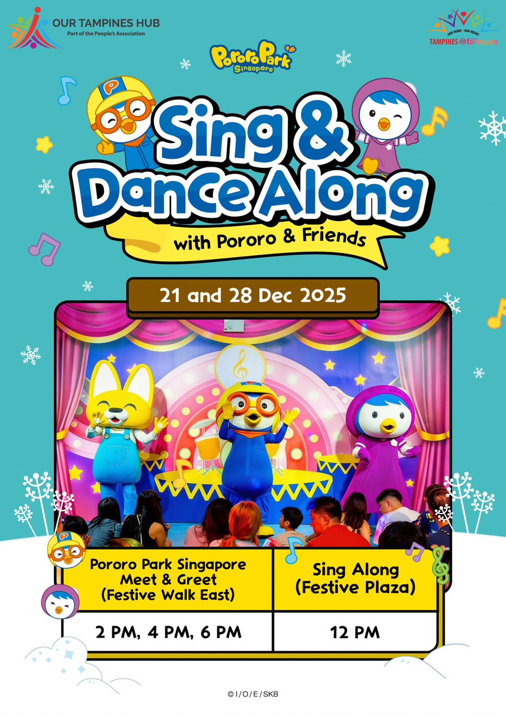 Pororo the penguin and his friends performing a festive sing-along on stage