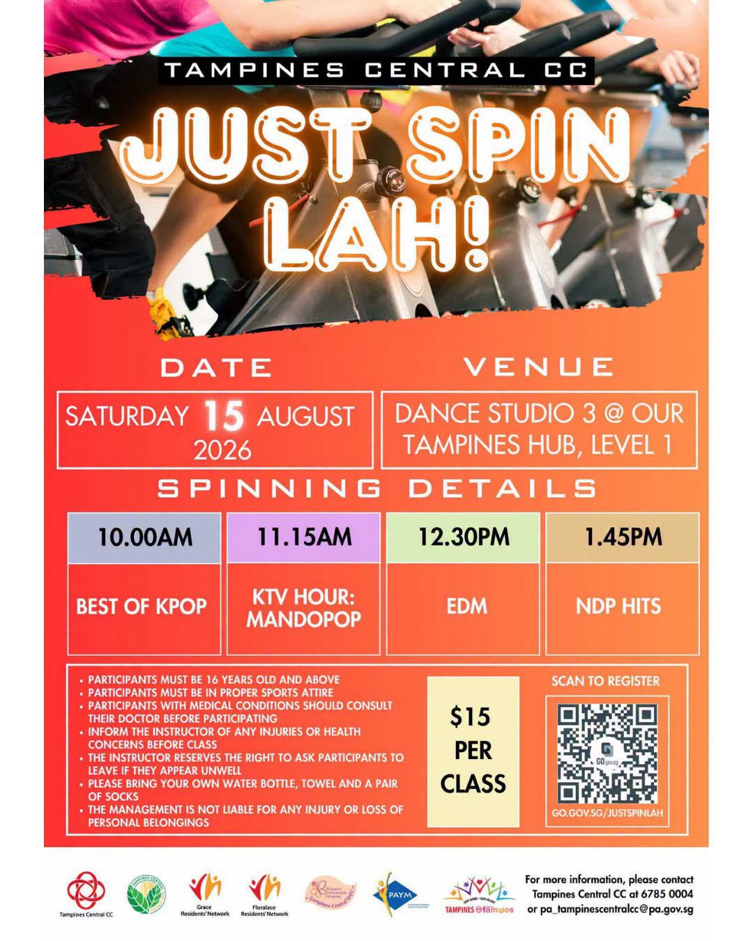 Just Spin Lah Spin Classes at Our Tines Hub on 15 August 2026