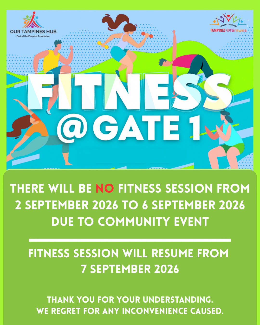 Fitness at Gate 1 cancellation notice at Our Tampines Hub