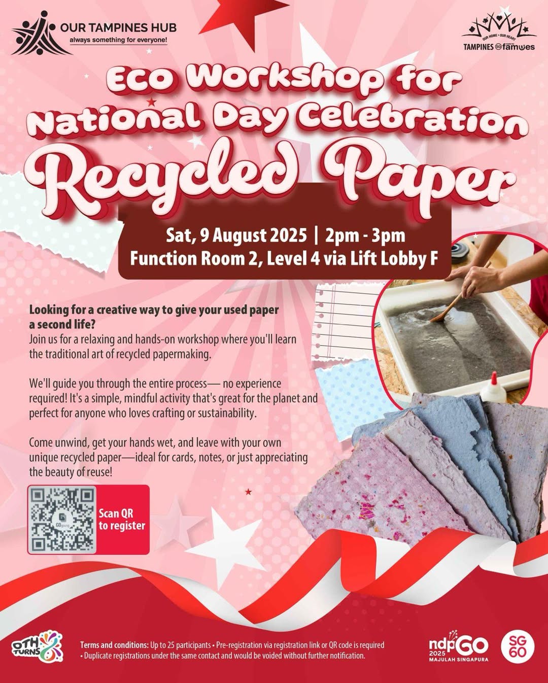 Hands crafting recycled paper at a workshop, showing pulp being spread on a screen.