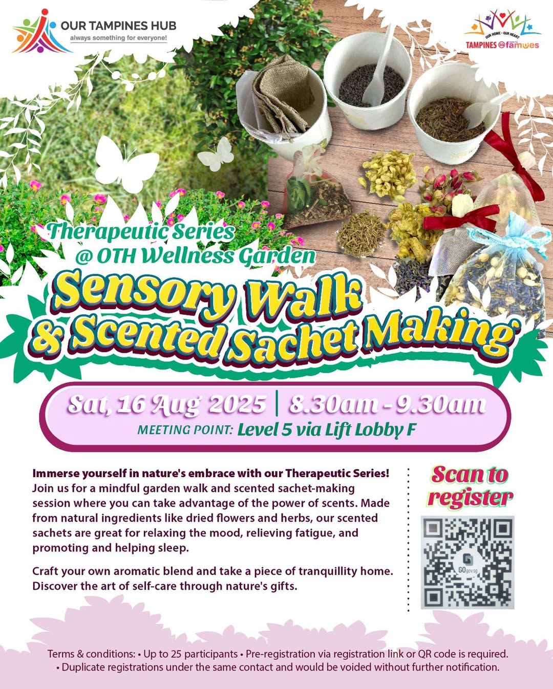 Scented sachets crafted with dried flowers and herbs, set against a calming garden backdrop.