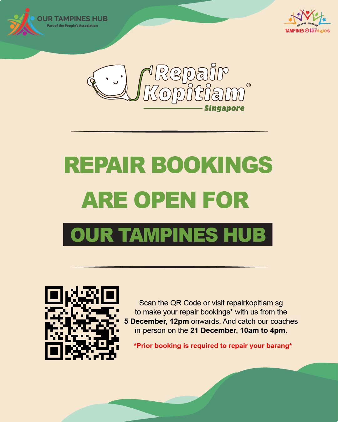 Repair Kopitiam Singapore event banner, showing tools and people engaged in repairing various household items.