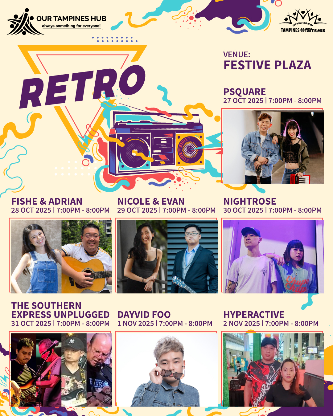 Local talents performing retro music at Festive Plaza, Our Tampines Hub.