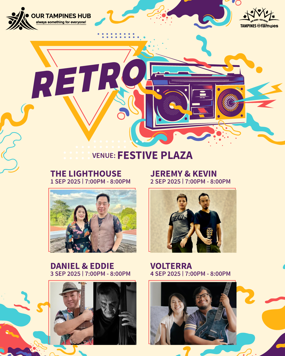 Local musicians performing live on stage at Festive Plaza, bathed in retro-themed lighting.