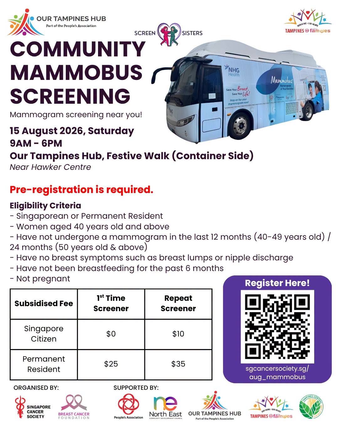 Community Mammobus Screening at Our Tampines Hub on 15 August 2026