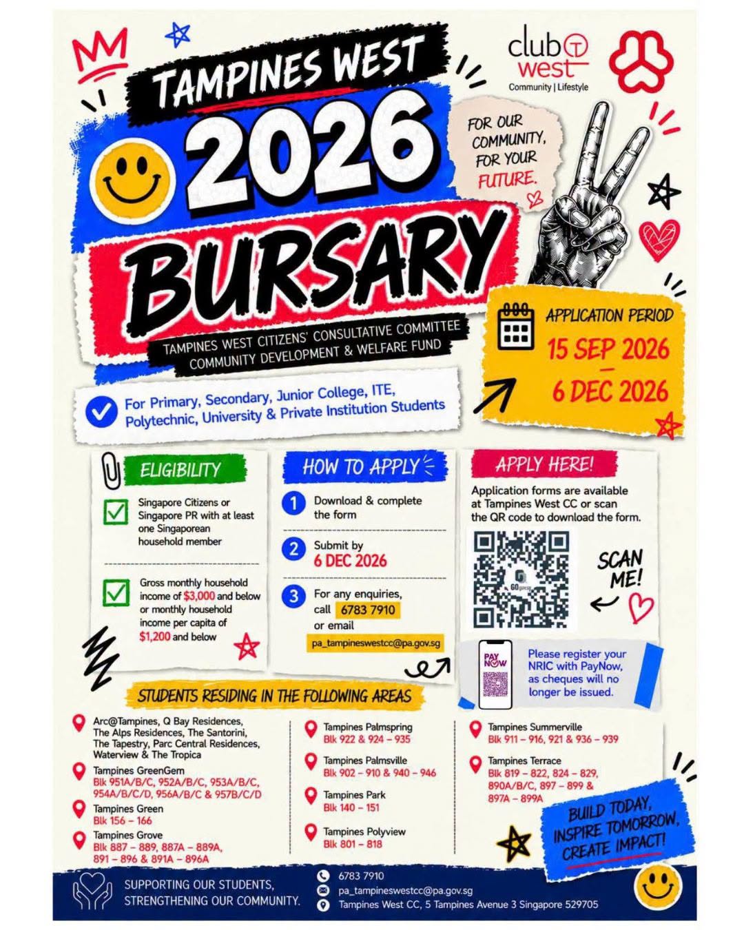 Tampines West Bursary 2026: Apply by 6 Dec at Tampines West CC