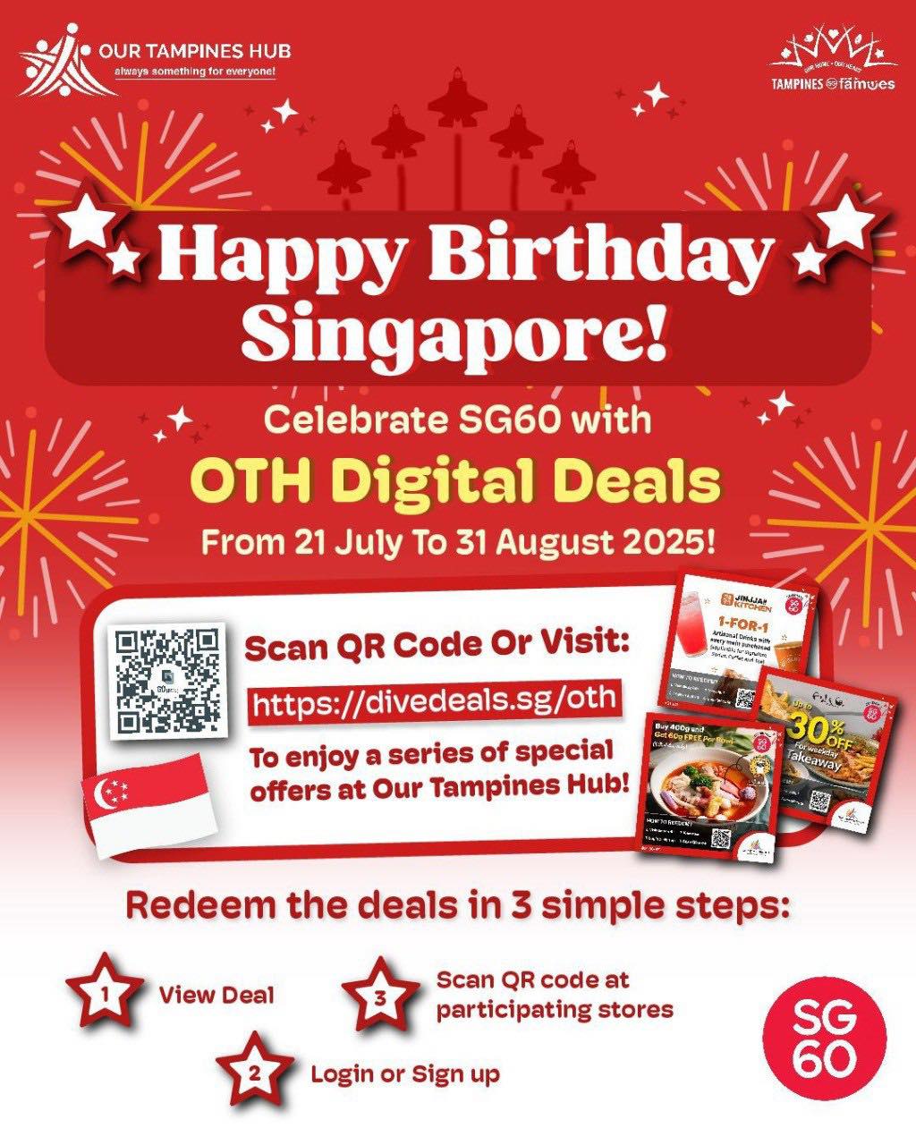 A vibrant graphic promoting SG60 digital deals at Our Tampines Hub.