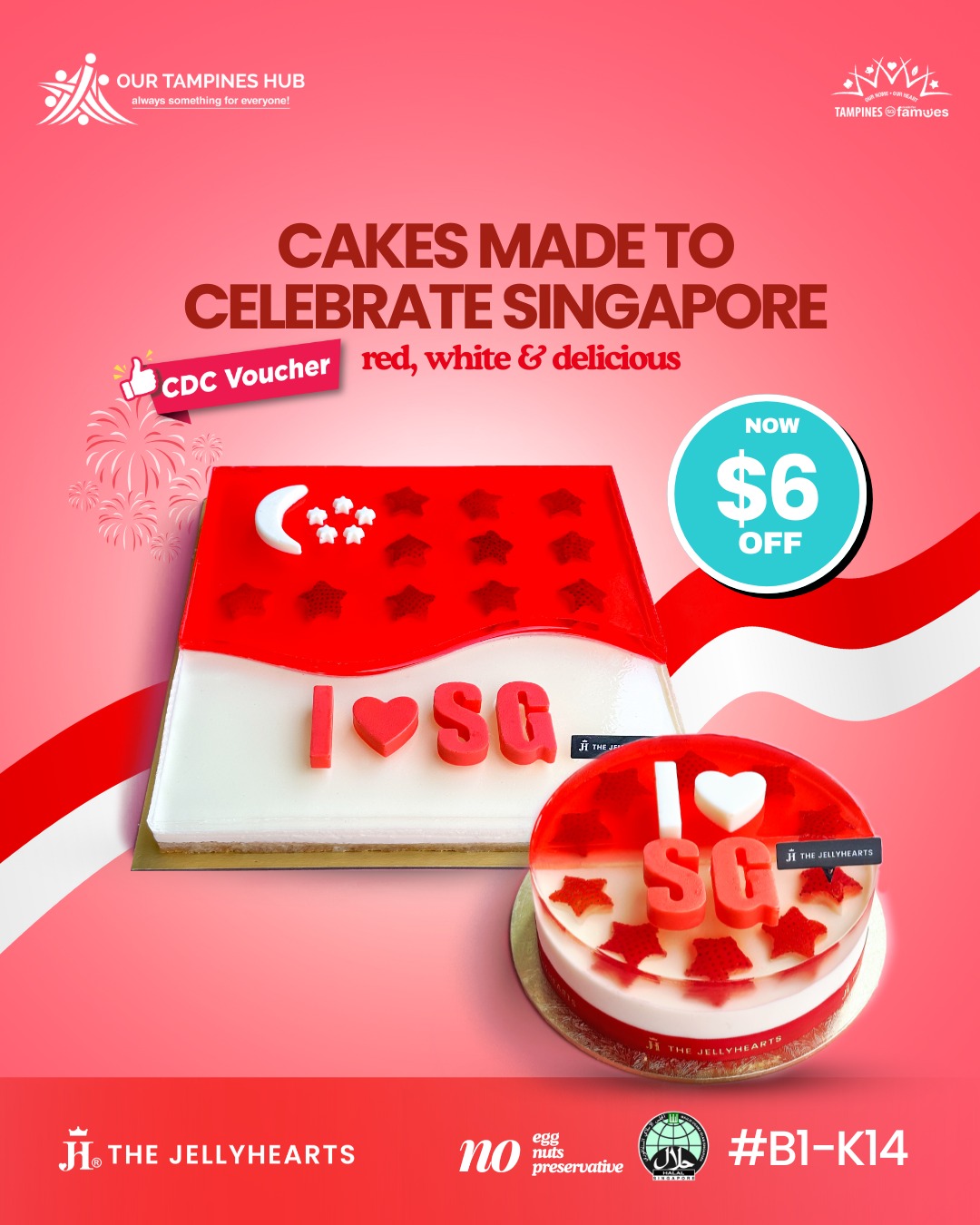 A beautifully crafted I SG jelly cheesecake, adorned with elements celebrating Singapore's 60th anniversary.