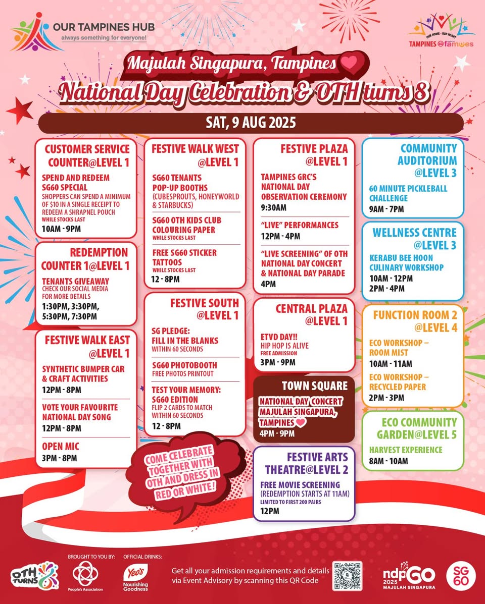 Vibrant community celebration at Our Tampines Hub with a diverse crowd enjoying festivities