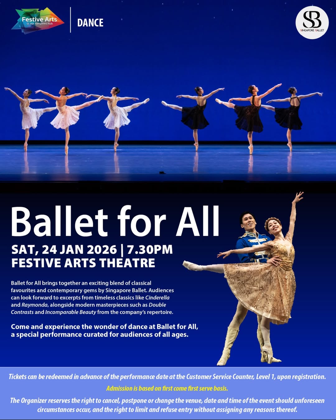 Dancers performing on stage at a Ballet for All event, showcasing elegance and movement