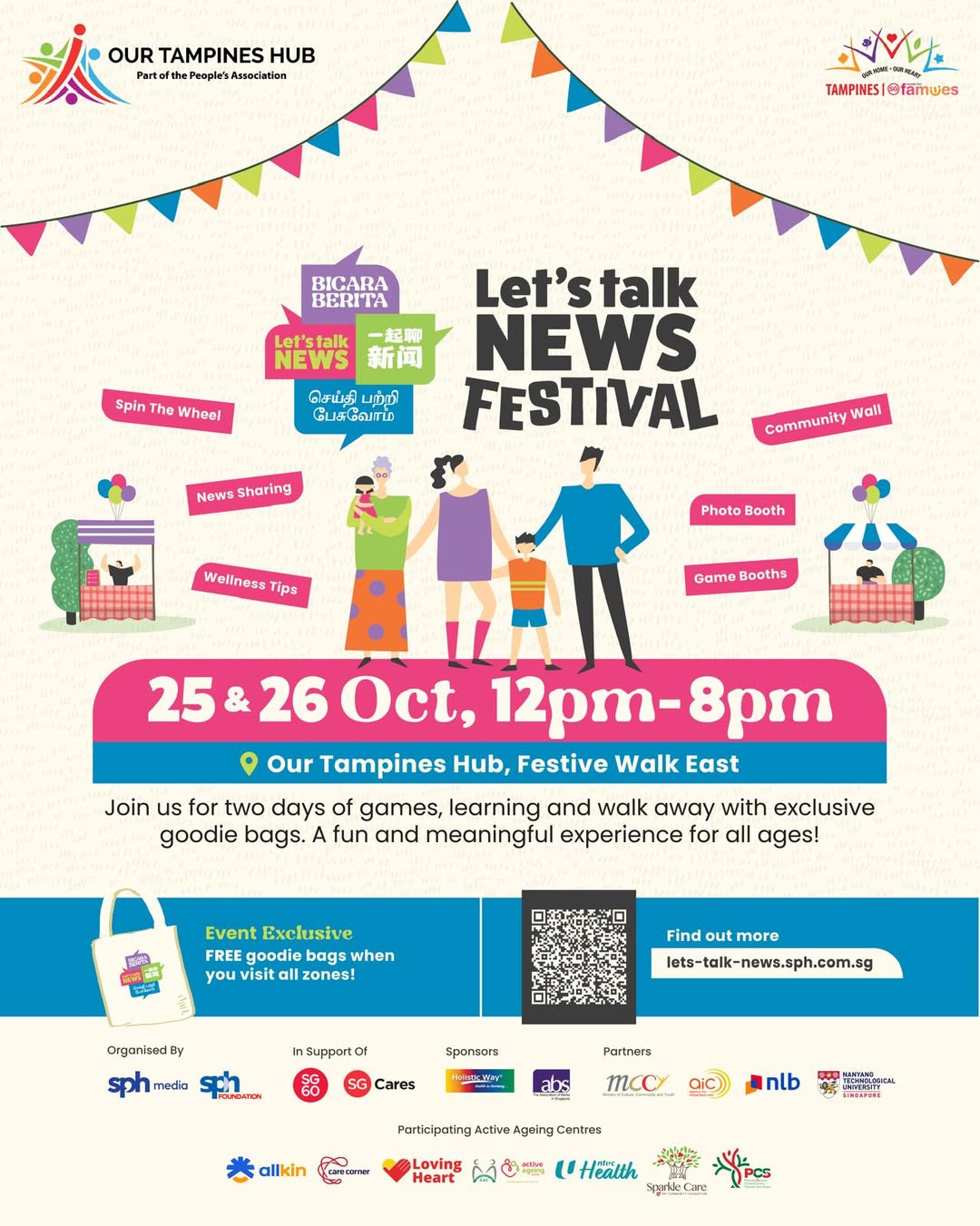 Families enjoying activities and learning at a news festival