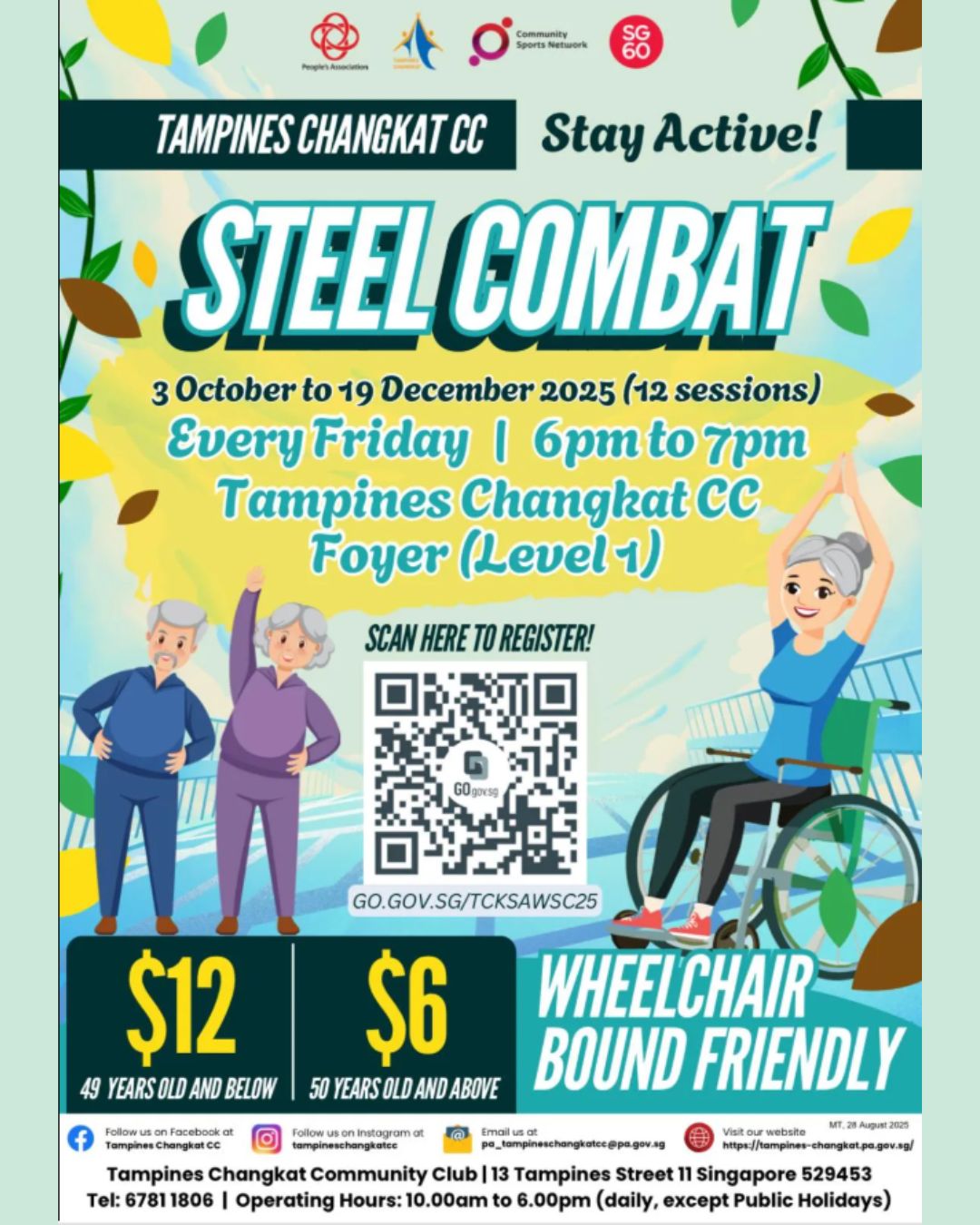 An energetic group participating in a Steel Combat class, with some members using wheelchairs, demonstrating the program's inclusive nature.