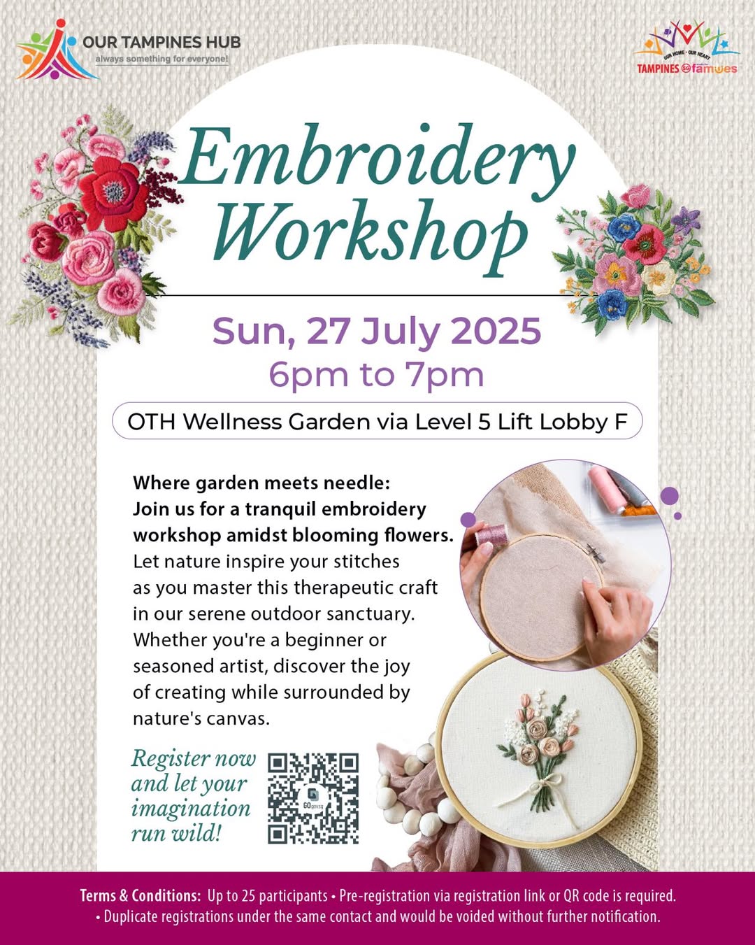 Needlework in a serene garden setting