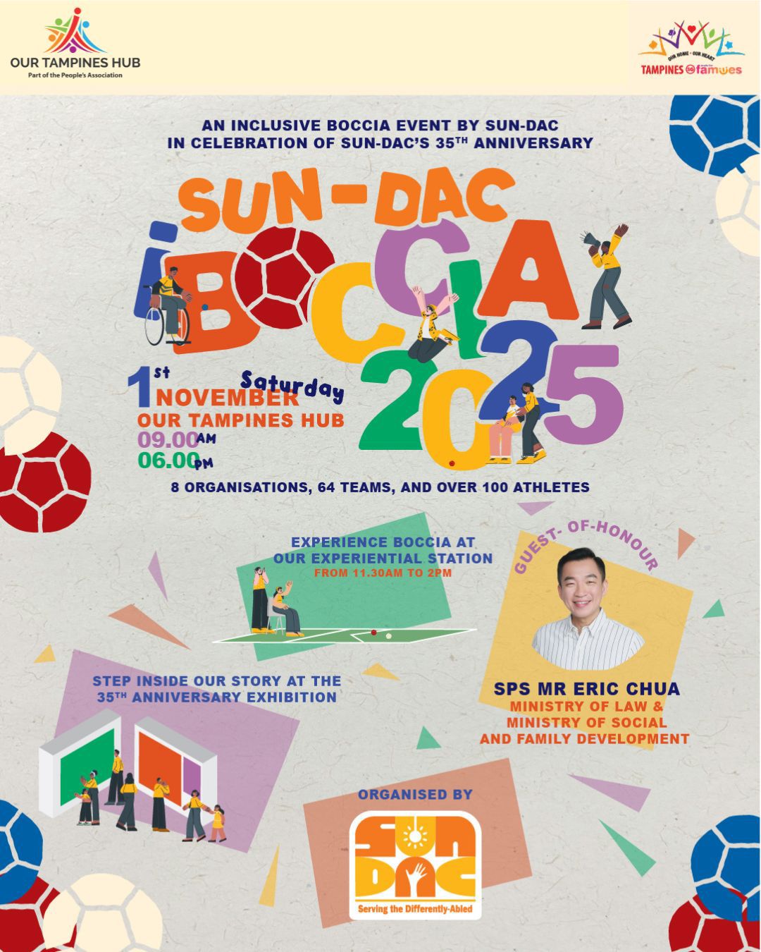 A poster promoting SUN-DAC's 35th Anniversary iBoccia event, featuring a QR code for sign-ups and details about volunteering.