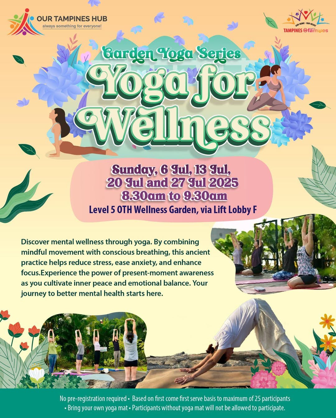 People practicing yoga in a serene outdoor garden setting.