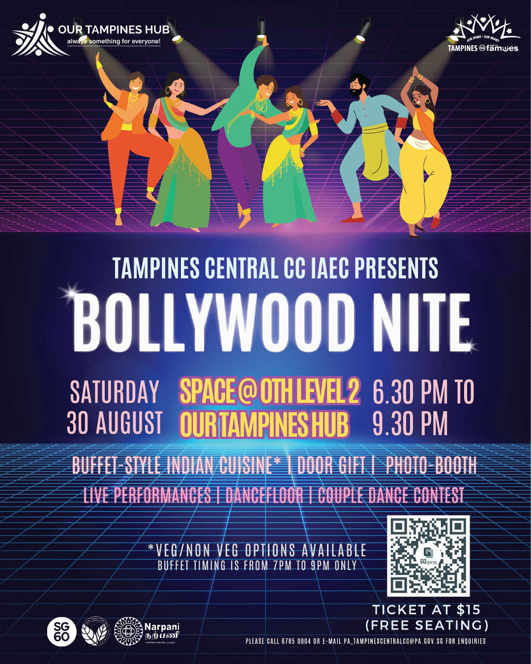 Energetic crowd dancing at a vibrant Bollywood-themed event with colorful lights.