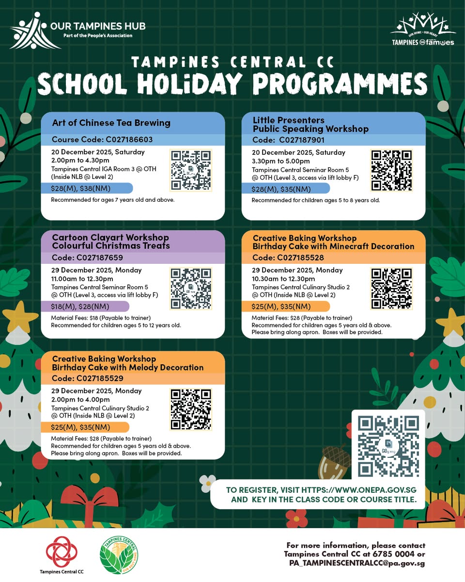 Various holiday programmes poster at Tampines Central CC