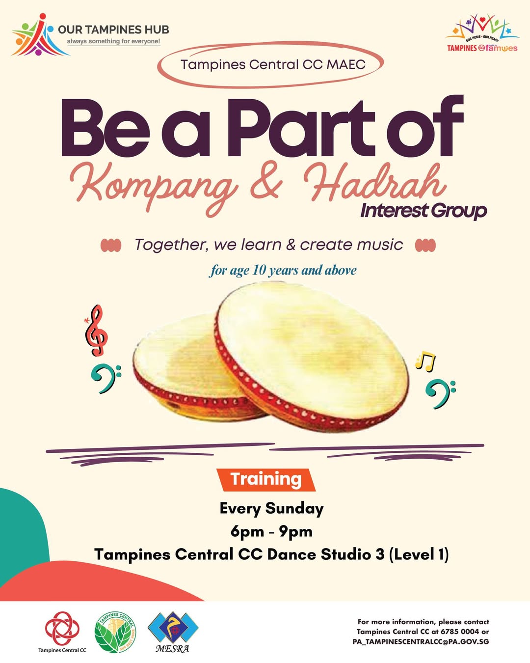 A vibrant group of musicians playing traditional Kompang and Hadrah drums