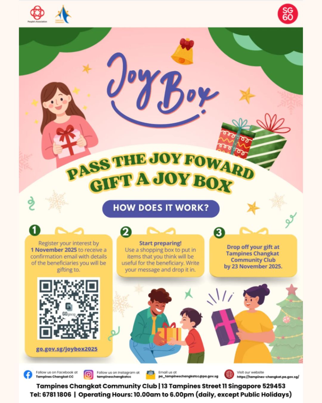 A beautifully wrapped gift box with a tag 'Joy Box' and festive decorations, symbolizing community giving.