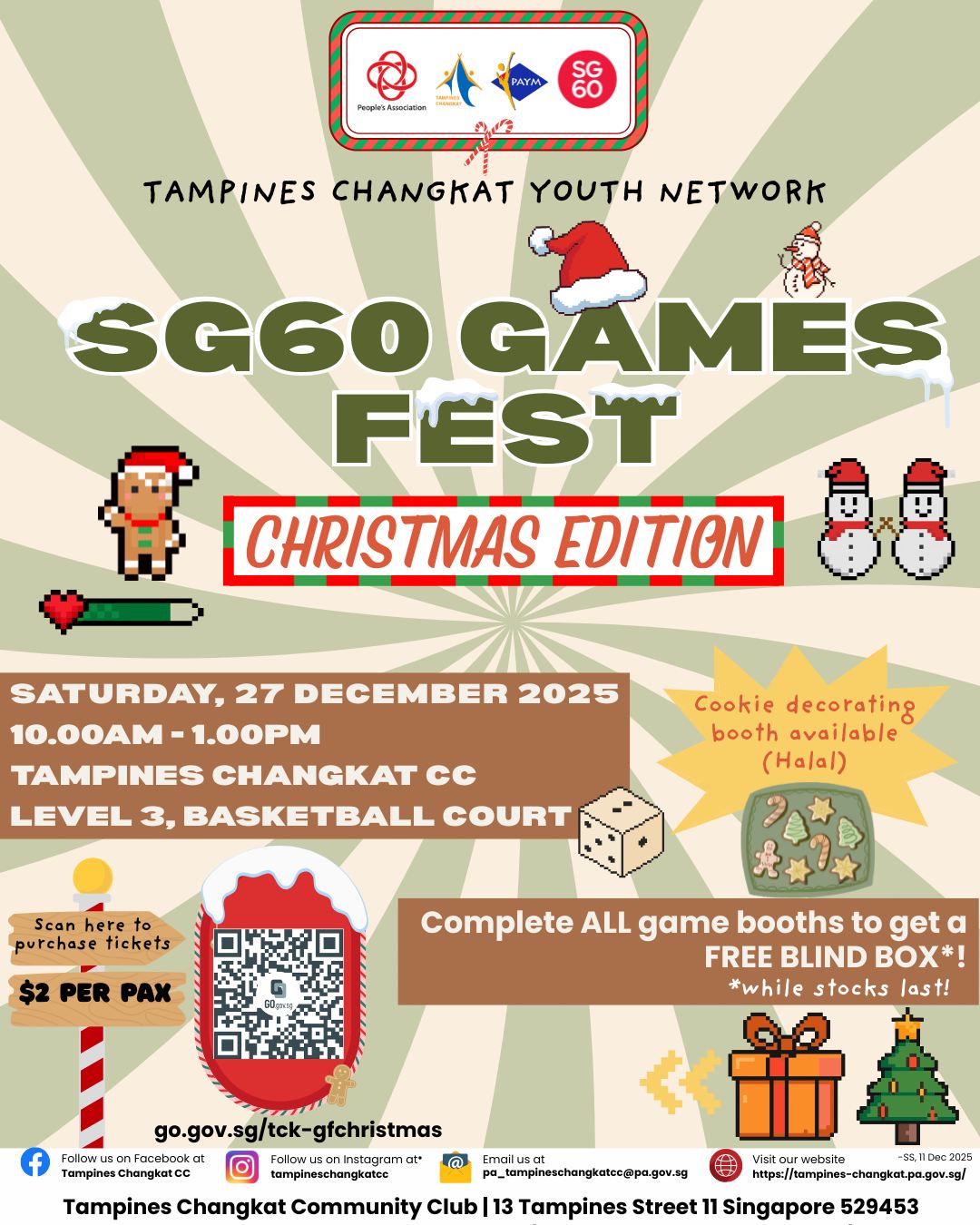 Festive banner for Tampines Changkat YN SG60 Games Fest Christmas Edition with board game elements and holiday decorations.