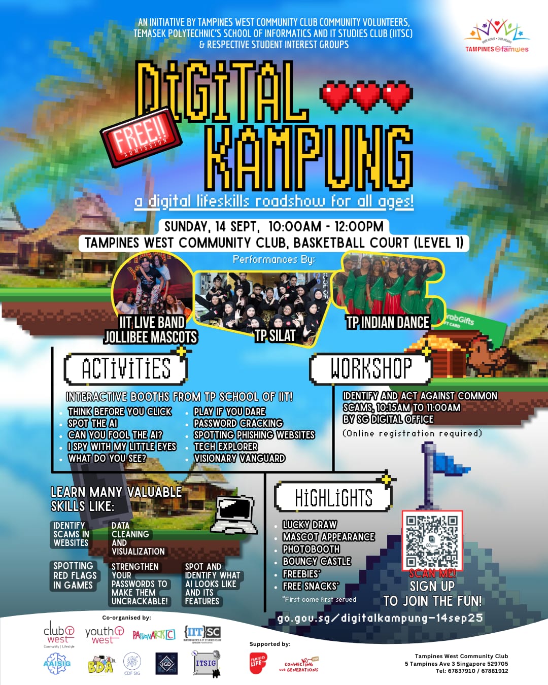 Digital Kampung event poster featuring diverse activities and happy participants