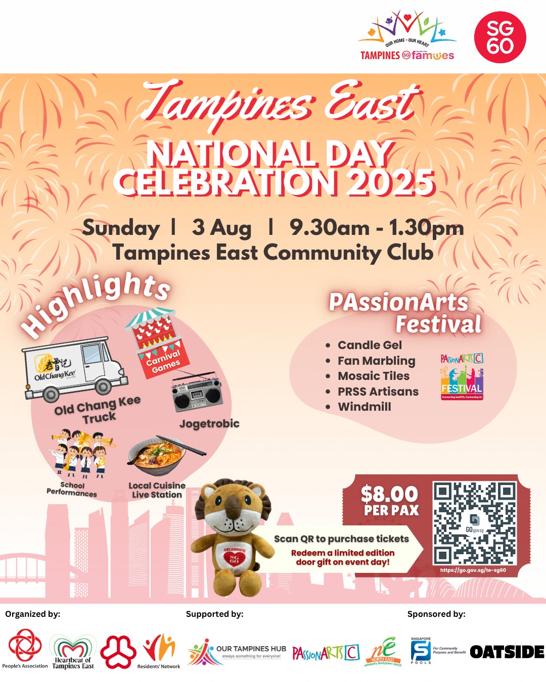 A vibrant community gathering celebrating Singapore's 60th National Day.