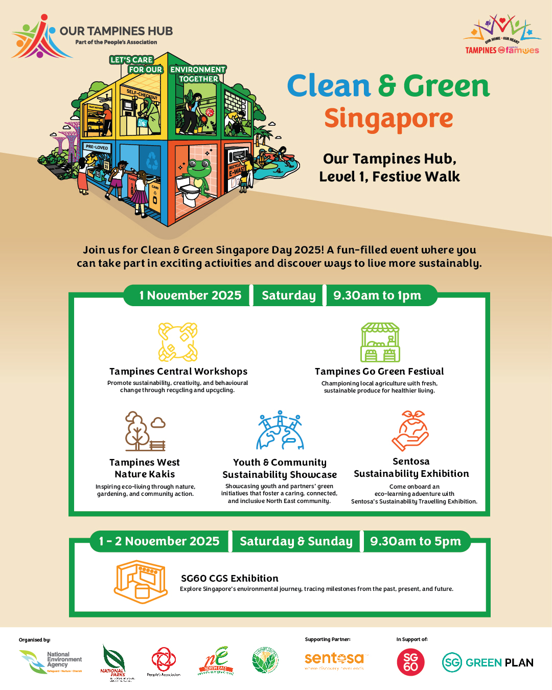 Community members engaging in green activities at the Tampines Go Green Festival.