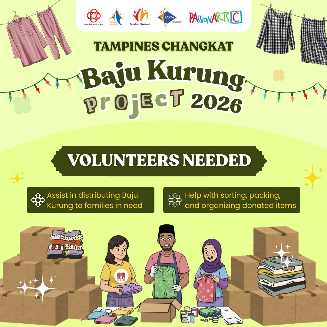 Families joyfully receiving Baju Kurung outfits for Hari Raya