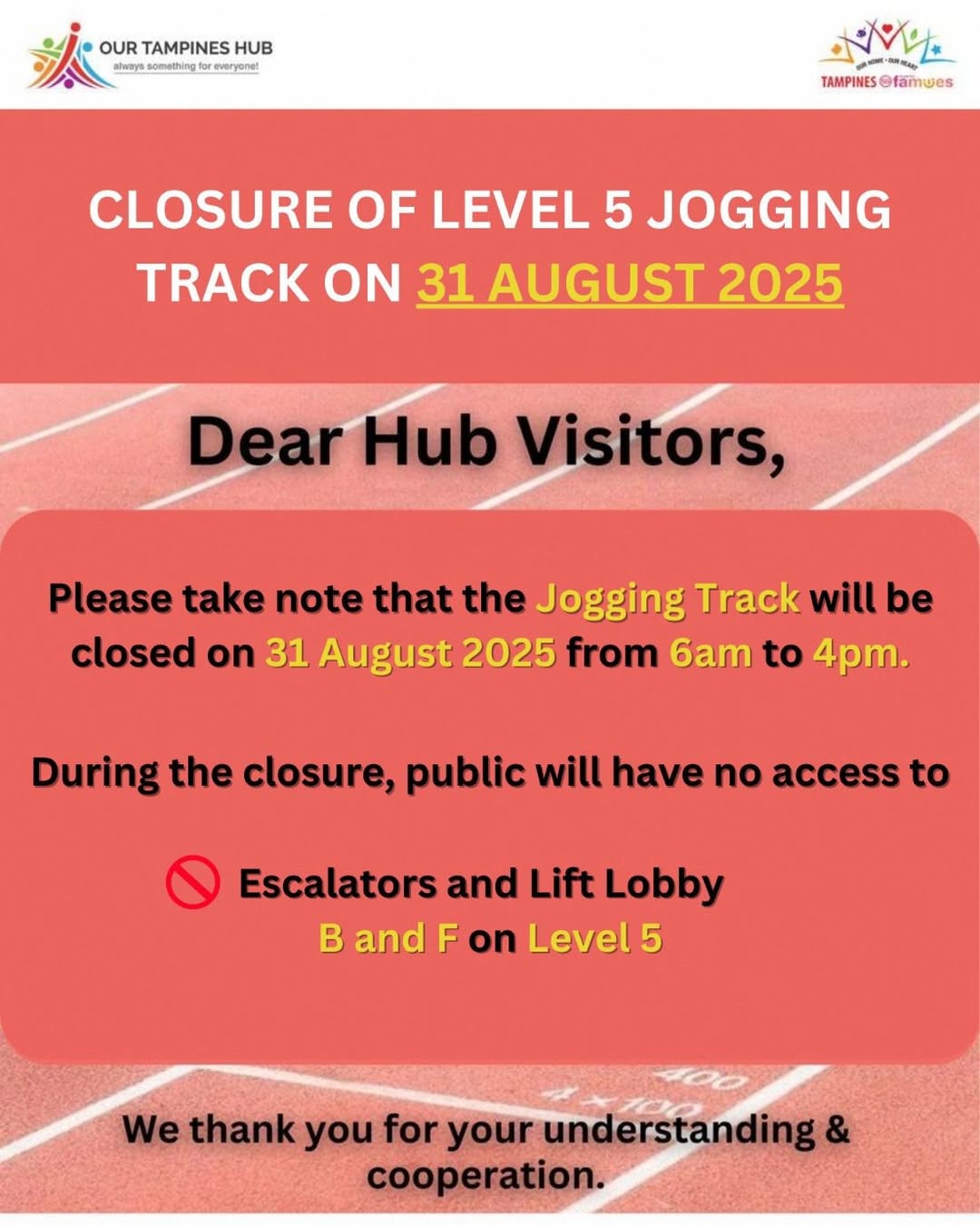 Overhead view of a jogging track at Our Tampines Hub.